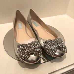 BRAND NEW Betsey Johnson silver flats with jeweled bow.  Size 9 1/2